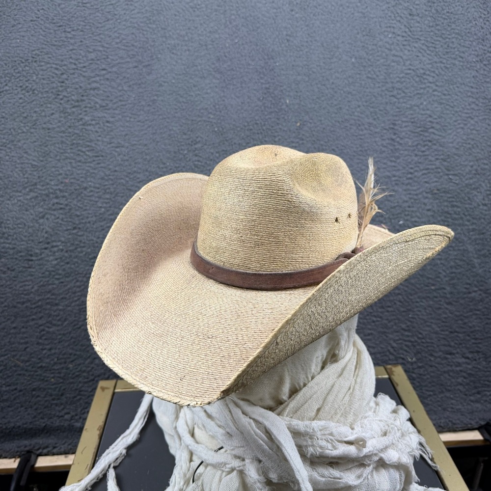 Atwood Hat Co Shoshone Palm Leaf Straw Cowboy Hat Tan 6 5/8 Feather Band
